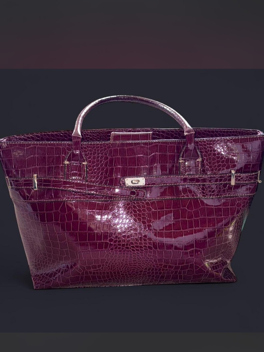 Croc-Embossed Structured Travel Tote in Plum